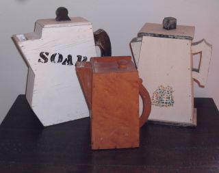 3 Antique Vintage Wooden Pitcher Soap Powder Detergent Container Wood Folk Art