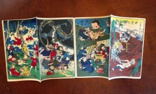 Kawanabe Kyosai Antique Woodblock Print On Paper 100 Pictures 4 Scenes Blue 3