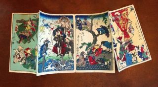 Kawanabe Kyosai Antique Woodblock Print On Paper 100 Pictures 4 Scenes Blue 4