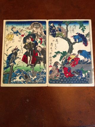 Kawanabe Kyosai Antique Woodblock Print on paper 100 Pictures 4 scenes Blue 4 3