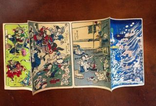Kawanabe Kyosai Antique Woodblock Print On Paper 100 Pictures 4 Scenes Green 2