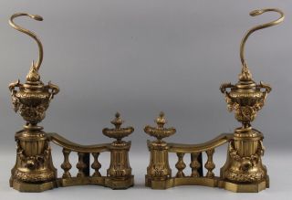 Pr Antique 19thc Gilt Bronze Firedogs Classical Urns & Snake Tool Holders,  Nr