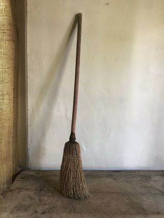 Old Primitive Child’s Broom Red Painted Wooden Handle Country Aafa