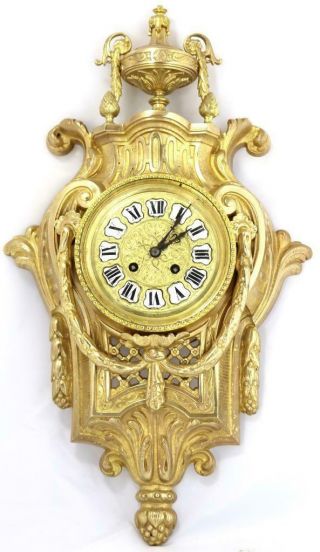 Lovely Antique French 1870’s Embossed Gilt Bronze Striking Cartel Wall Clock