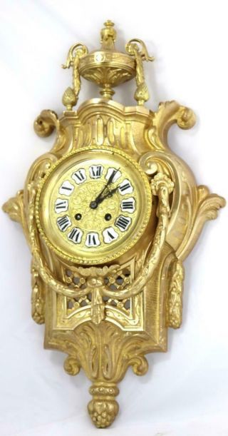 Lovely Antique French 1870’s Embossed Gilt Bronze Striking Cartel Wall Clock 2