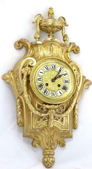 Lovely Antique French 1870’s Embossed Gilt Bronze Striking Cartel Wall Clock 3