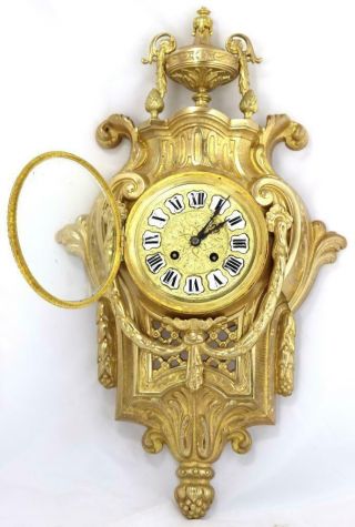Lovely Antique French 1870’s Embossed Gilt Bronze Striking Cartel Wall Clock 4