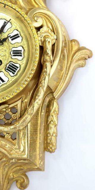 Lovely Antique French 1870’s Embossed Gilt Bronze Striking Cartel Wall Clock 8