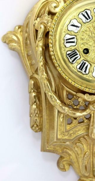 Lovely Antique French 1870’s Embossed Gilt Bronze Striking Cartel Wall Clock 9