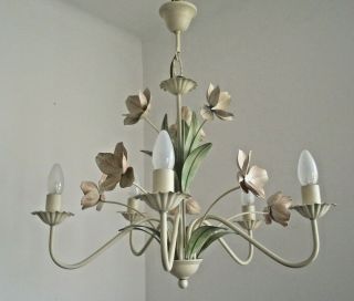 Pretty Vintage French Large 5 Arm Peach & Green Flower Tole - Ware Chandelier 1226