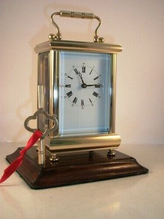Vintage Brass Carriage Clock With Five Bevelled Glasses And Key.  Perfect Cond 