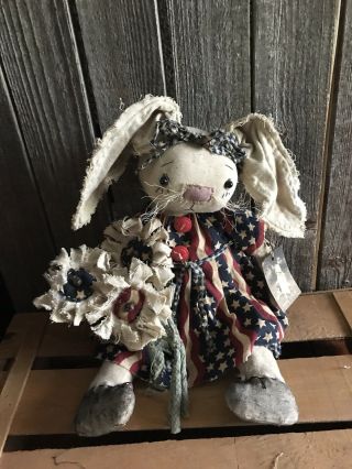 Primitive Raggedy Rabbit Bunny Patriotic Rabbit Folk Art Doll
