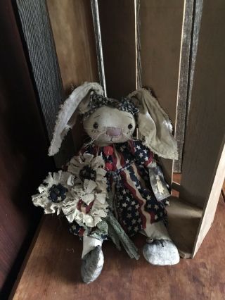 Primitive Raggedy Rabbit Bunny Patriotic Rabbit Folk Art Doll 5