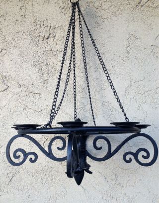 Vintage Spanish Colonial Style Wrought Iron Metal Ceiling Hanging Chandelier