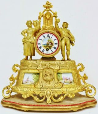 Antique 19thc French 8 Day Gilt Metal & Sevres Porcelain Figurine Mantel Clock