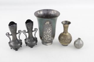 5 X Assorted Vintage Decorative Metal Vases Inc Art Nouveau Pair,  Danish & Brass