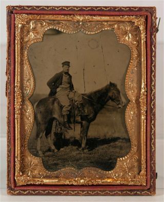 1860s Tintype Photograph Of A Man On Horseback - Western Plains Quarter Plate