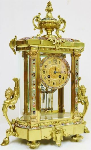 Antique French 8 Day Ormolu & Champleve 4 Glass Regulator Mantle Clock