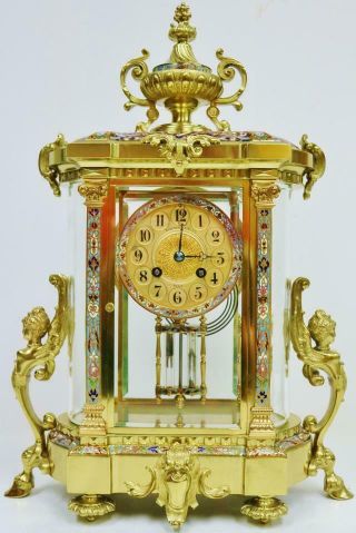 Antique French 8 Day Ormolu & Champleve 4 Glass Regulator Mantle Clock 2