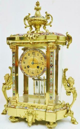 Antique French 8 Day Ormolu & Champleve 4 Glass Regulator Mantle Clock 6