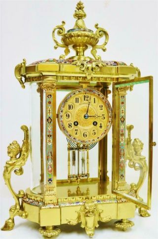 Antique French 8 Day Ormolu & Champleve 4 Glass Regulator Mantle Clock 9