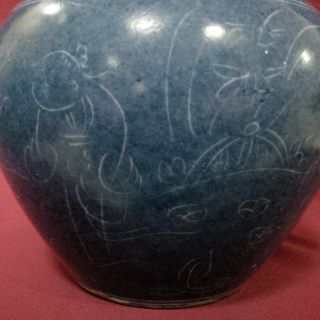 Extremely Rare Chinese Antique Blue Glazed Carved ' Figure ' Globular Jar w/ Mark 2