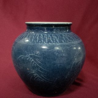 Extremely Rare Chinese Antique Blue Glazed Carved ' Figure ' Globular Jar w/ Mark 7