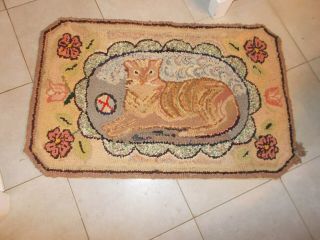 Early 1900s Wonderful Hand Hooked Rug With Cat Laying In The Middle With Ball