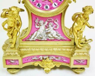 Antique French 8Day Bronze Ormolu & Pink Sevres Porcelain Mantle Clock 10