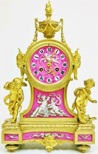 Antique French 8day Bronze Ormolu & Pink Sevres Porcelain Mantle Clock