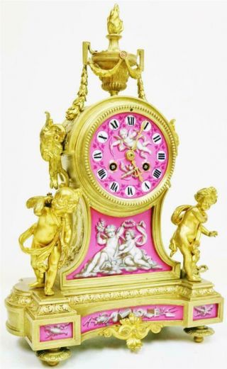 Antique French 8Day Bronze Ormolu & Pink Sevres Porcelain Mantle Clock 2