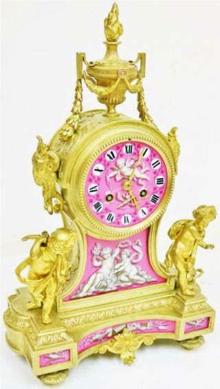 Antique French 8Day Bronze Ormolu & Pink Sevres Porcelain Mantle Clock 3