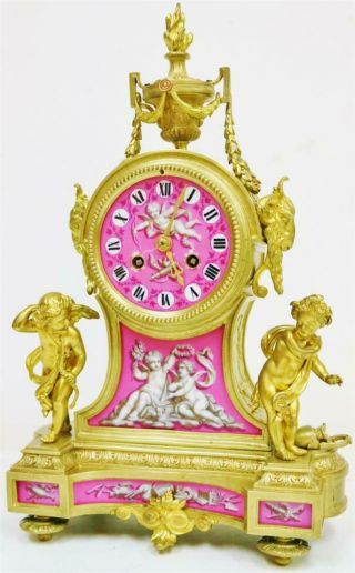 Antique French 8Day Bronze Ormolu & Pink Sevres Porcelain Mantle Clock 5