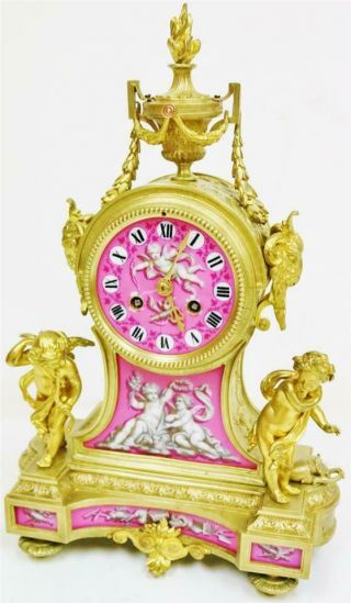 Antique French 8Day Bronze Ormolu & Pink Sevres Porcelain Mantle Clock 6