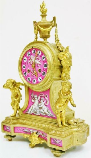 Antique French 8Day Bronze Ormolu & Pink Sevres Porcelain Mantle Clock 7
