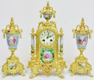 Rare Antique French Gilt Metal & Sky Blue Sevres Porcelain 8Day Mantle Clock Set 12