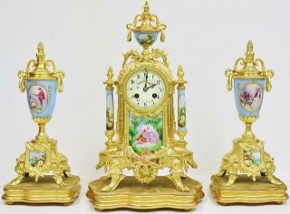 Rare Antique French Gilt Metal & Sky Blue Sevres Porcelain 8day Mantle Clock Set