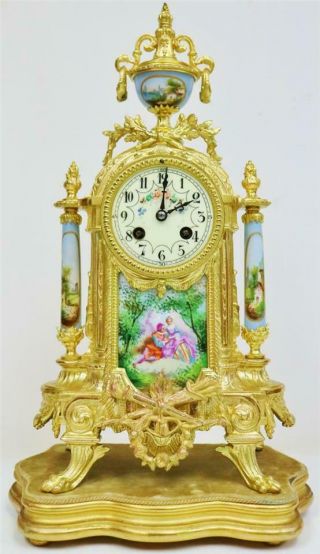Rare Antique French Gilt Metal & Sky Blue Sevres Porcelain 8Day Mantle Clock Set 2