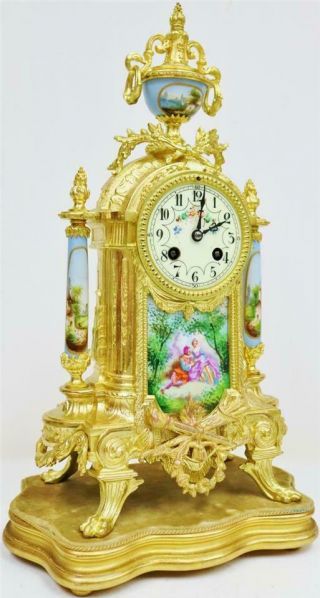 Rare Antique French Gilt Metal & Sky Blue Sevres Porcelain 8Day Mantle Clock Set 3