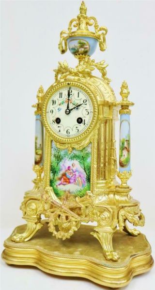 Rare Antique French Gilt Metal & Sky Blue Sevres Porcelain 8Day Mantle Clock Set 5