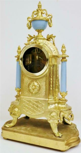 Rare Antique French Gilt Metal & Sky Blue Sevres Porcelain 8Day Mantle Clock Set 7