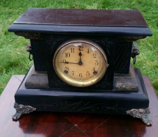 Antique American Wooden Mantle Clock To Restore.  Pendulum/key/ticks.  Read Descrip