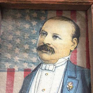 Framed Vintage Teddy Roosevelt Cut Out On American Flag - 5.  25” Tall 11