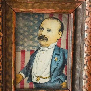 Framed Vintage Teddy Roosevelt Cut Out On American Flag - 5.  25” Tall 2