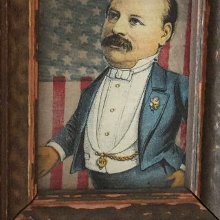 Framed Vintage Teddy Roosevelt Cut Out On American Flag - 5.  25” Tall 3