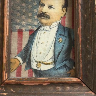 Framed Vintage Teddy Roosevelt Cut Out On American Flag - 5.  25” Tall 9
