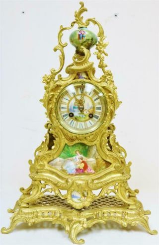 Antique Large French 8 Day Ornate Bronze Ormolu & Sevres Porcelain Mantle Clock