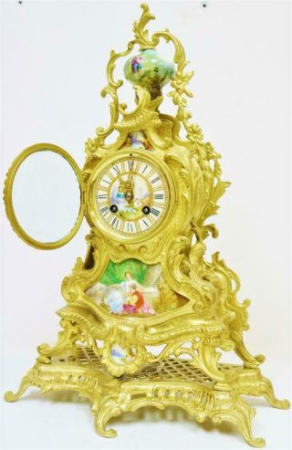 Antique Large French 8 Day Ornate Bronze Ormolu & Sevres Porcelain Mantle Clock 8