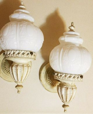 2 Cathedral Art Deco Glass Shade Metal & Cast Iron Electric Wall Sconce Lights
