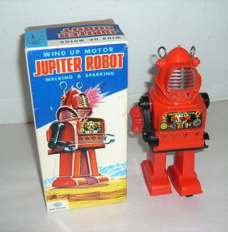 Vintage Japan Mechanical Jupiter Robot Windup Toy W/box